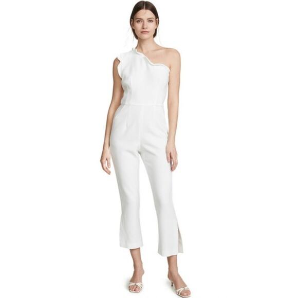 Black Halo Jumpsuit Womens 4 White Pravella One Shoulder Textured Flare Slit Leg - Picture 4 of 12